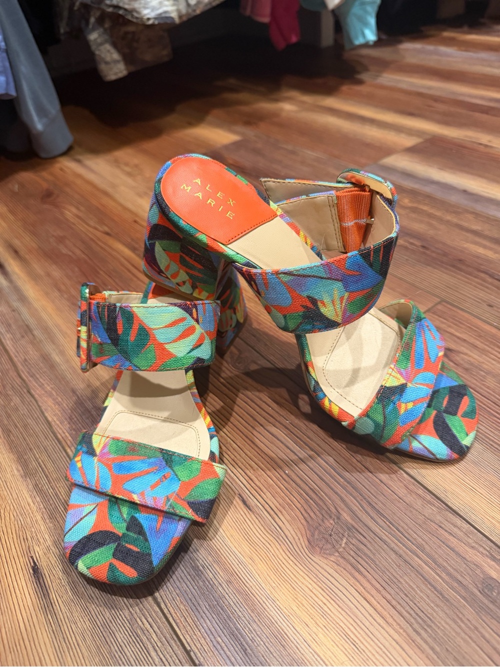 Alex Marie Multicolor Tropical Leaf Block Heel Sandals